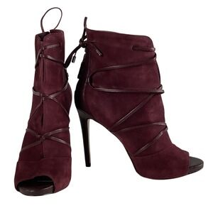 Guess Womens Burgundy Suede Peep Toe Lace Up Caged Stiletto Ankle Boots Size 6M